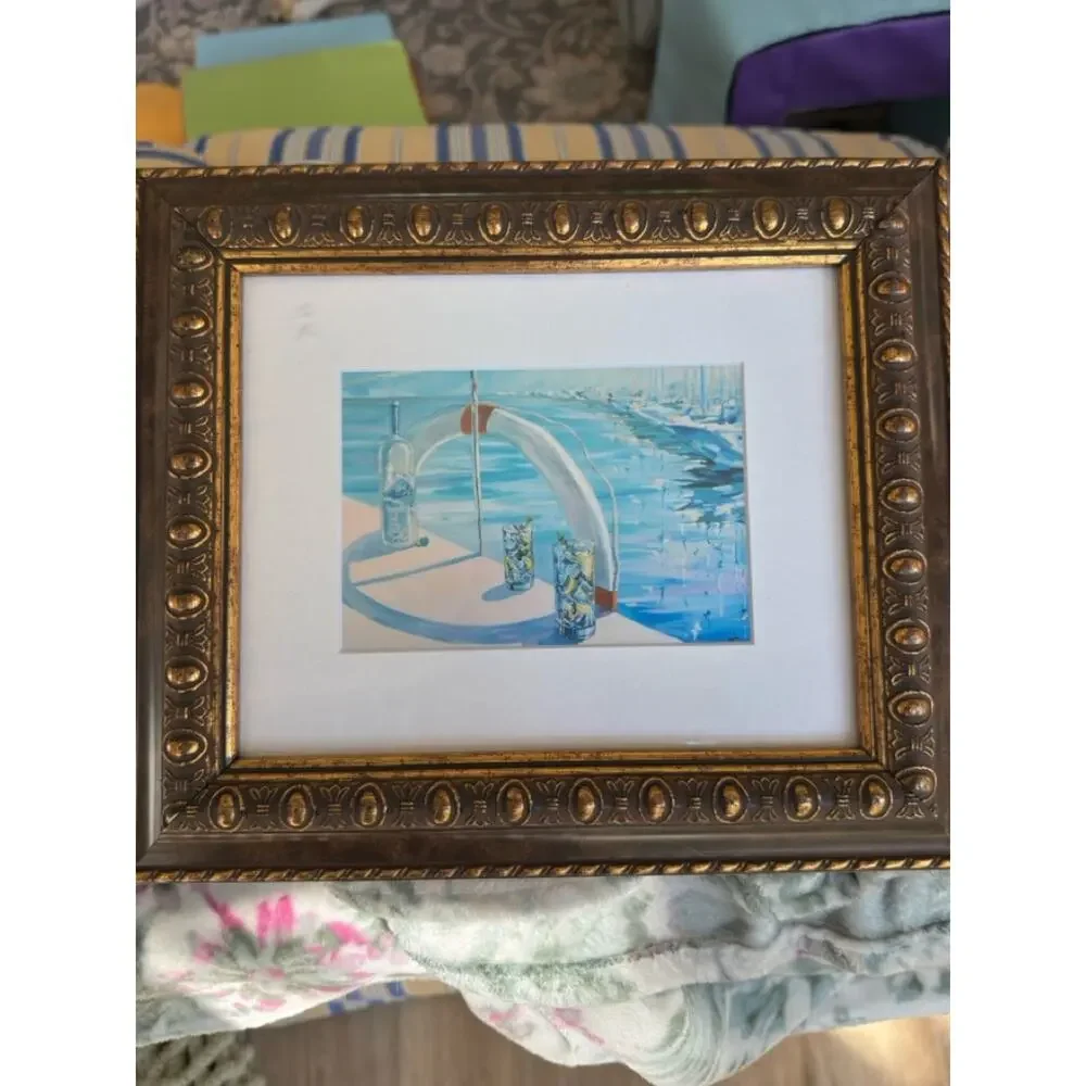 Framed Coastal Art Print Signed Emil Hristov – Gold Ornate Frame Nautical Decor